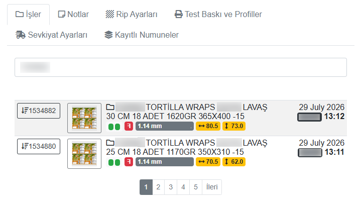 Sipariş ve revizyon takip ekranı